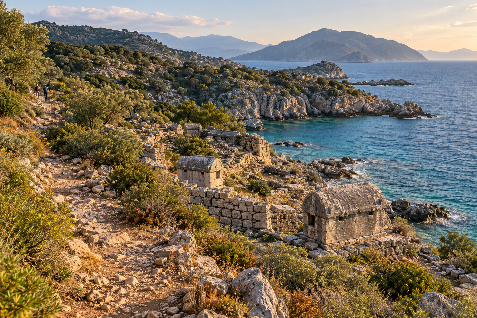 Ancient Aperlai ruins beside the sea on the three-day Lycian Way section from Kaş